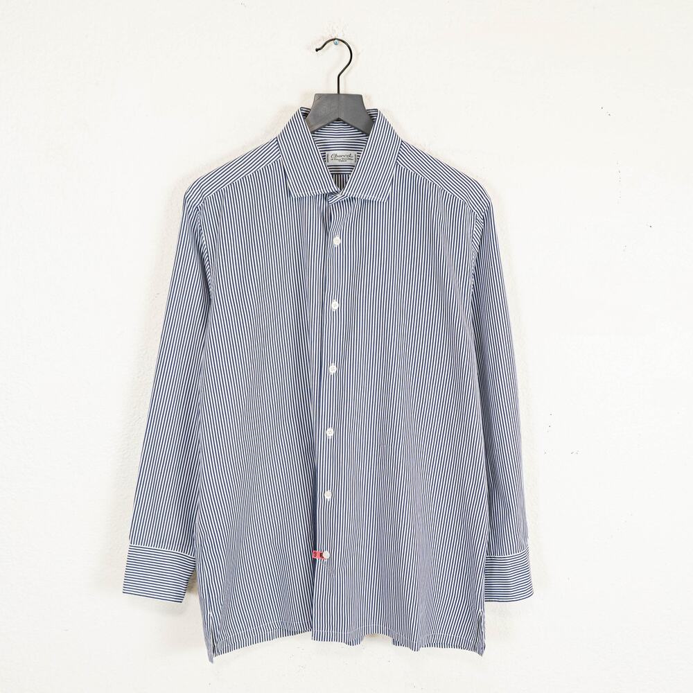Charvet Paris Men's Classic fit Dress Shirt Blue Striped cotton 16 neck